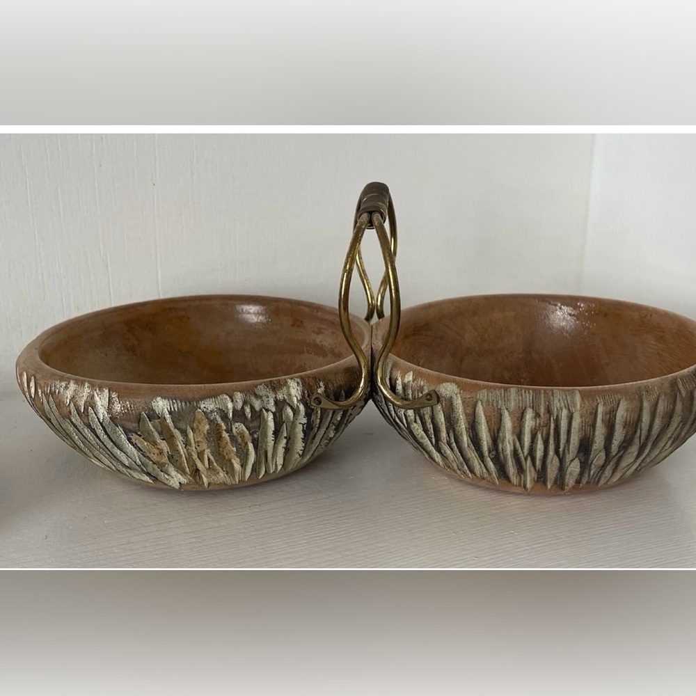 1950’s Aldo Tura Wood Double Service Bowl with Brass Handles